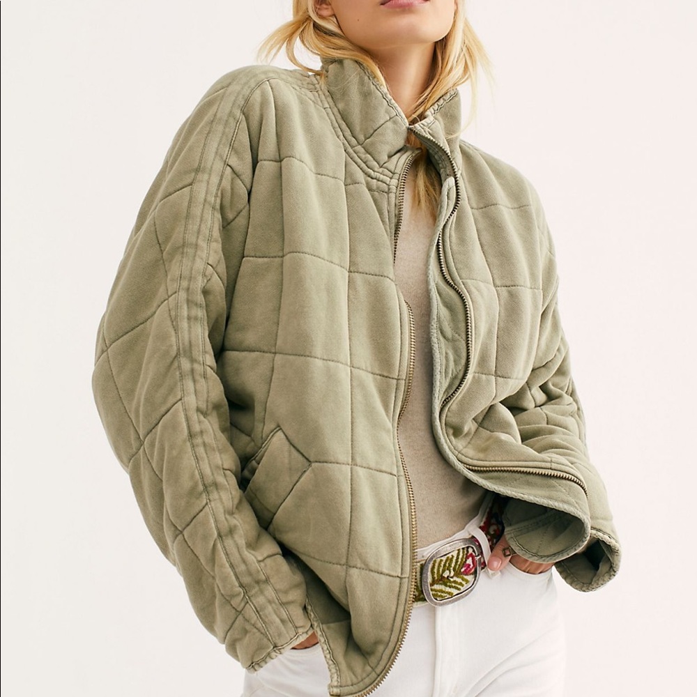 Free People Olive Green Quilted Zip-Up Jacket